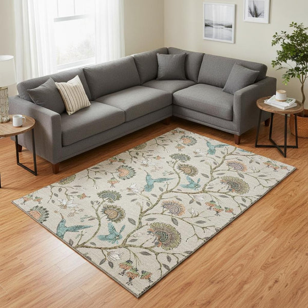 HomeRoots 9' Washable Beige, Blue & Peach Geometric Area Rug with UV Protection - Perfect for Busy Homes! 645582