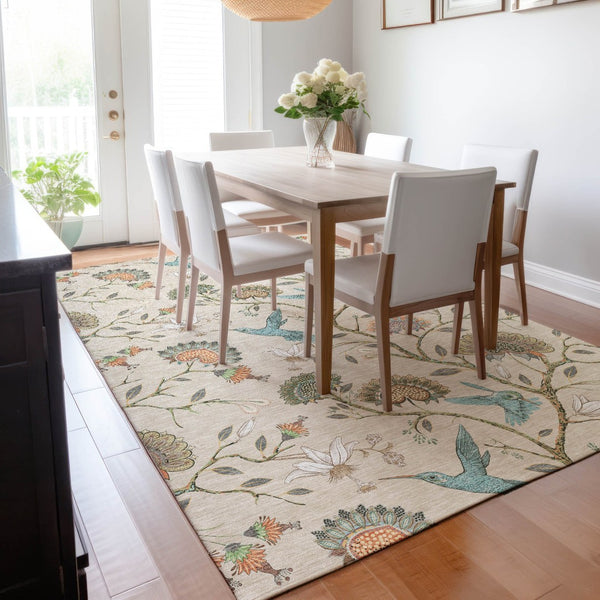 HomeRoots 9' Washable Beige, Blue & Peach Geometric Area Rug with UV Protection - Perfect for Busy Homes! 645582