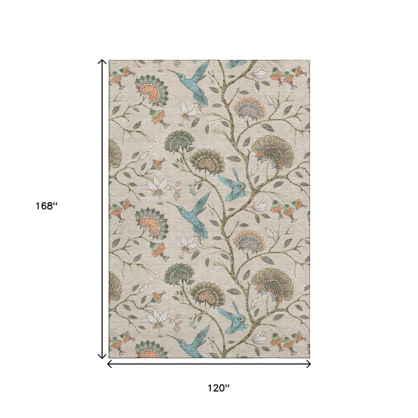 HomeRoots 10' Washable Beige, Blue & Peach Geometric Area Rug with UV Protection for High-Traffic Spaces 645583