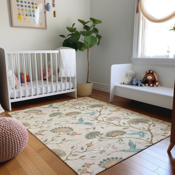 HomeRoots 10' Washable Beige, Blue & Peach Geometric Area Rug with UV Protection for High-Traffic Spaces 645583