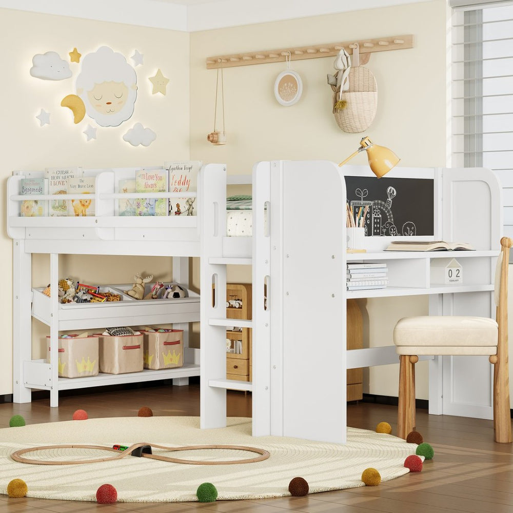 English Elm Twin Low Loft Bed Solid Pine Frame Kids Study Desk Blackboard Storage White W1580S00297