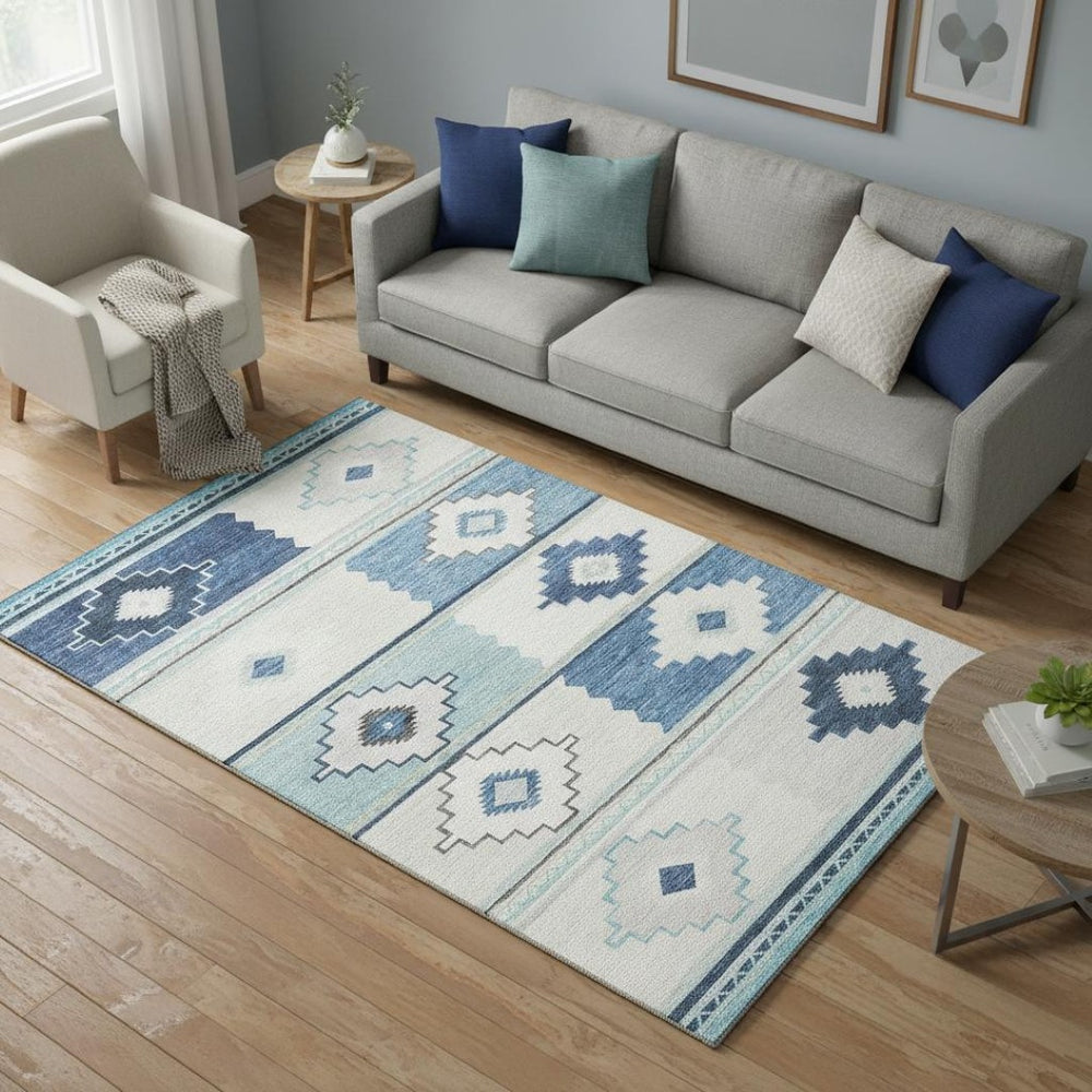 HomeRoots 5' X 8' Blue & Ivory Geometric Area Rug - Stylish, Washable, UV-Protected for Homes with Kids & Pets 645603