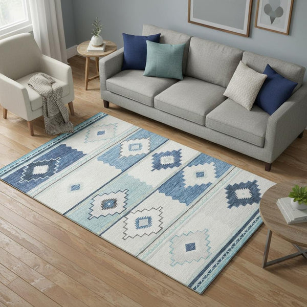 HomeRoots 5' X 8' Blue & Ivory Geometric Area Rug - Stylish, Washable, UV-Protected for Homes with Kids & Pets 645603