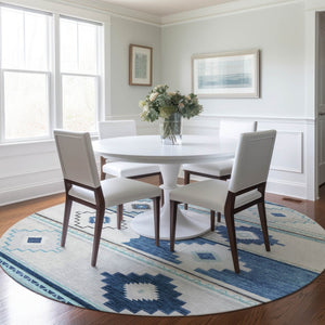 HomeRoots 8' Blue and Ivory Geometric Round Rug - Washable, UV-Protected, Durable for Busy Homes & Stylish Decor 645604