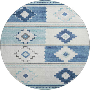 HomeRoots 8' Blue and Ivory Geometric Round Rug - Washable, UV-Protected, Durable for Busy Homes & Stylish Decor 645604