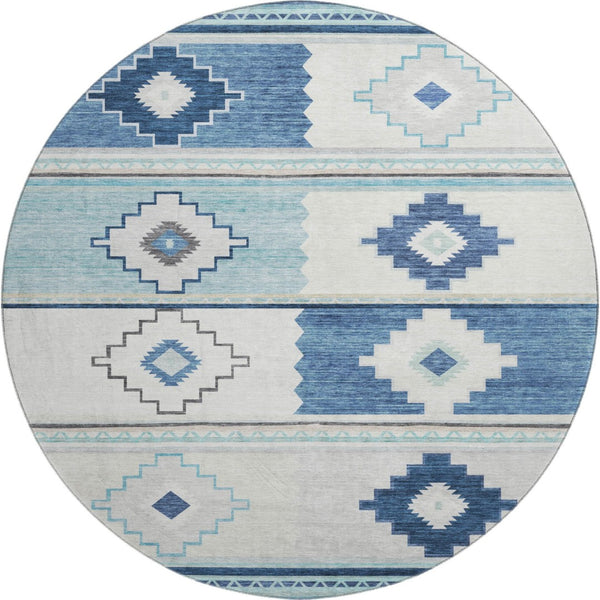 HomeRoots 8' Blue and Ivory Geometric Round Rug - Washable, UV-Protected, Durable for Busy Homes & Stylish Decor 645604