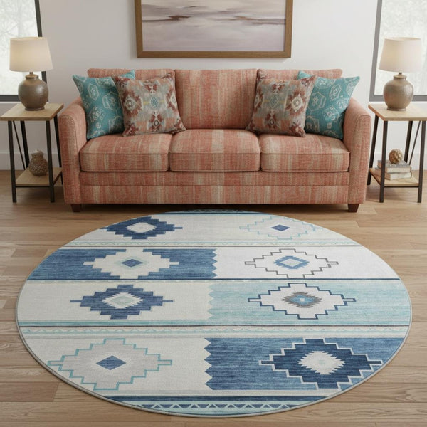 HomeRoots 8' Blue and Ivory Geometric Round Rug - Washable, UV-Protected, Durable for Busy Homes & Stylish Decor 645604