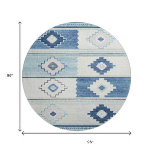 HomeRoots 8' Blue and Ivory Geometric Round Rug - Washable, UV-Protected, Durable for Busy Homes & Stylish Decor 645604