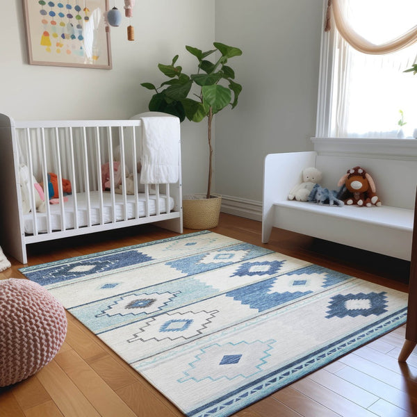 HomeRoots 8' X 10' Stylish Blue and Ivory Geometric Area Rug - Washable, UV Protected, Stain Resistant Design 645605