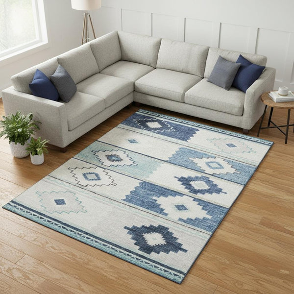 HomeRoots 8' X 10' Stylish Blue and Ivory Geometric Area Rug - Washable, UV Protected, Stain Resistant Design 645605