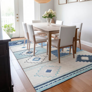 HomeRoots 8' X 10' Stylish Blue and Ivory Geometric Area Rug - Washable, UV Protected, Stain Resistant Design 645605