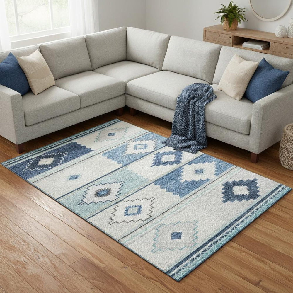 HomeRoots 9' X 12' Blue & Ivory Geometric Area Rug - Washable, UV Protected, Durable for High Traffic Spaces 645606