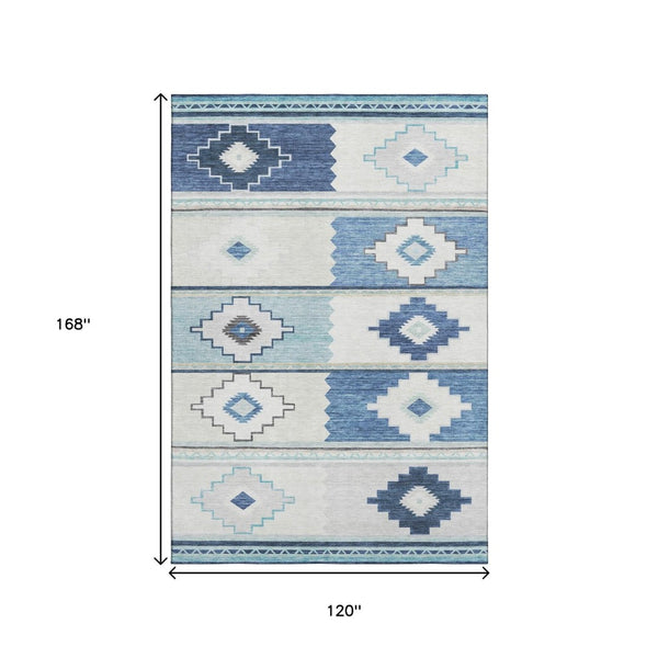 HomeRoots 10' X 14' Blue and Ivory Geometric Area Rug - Washable, UV-Protected, Durable for Busy Homes 645607