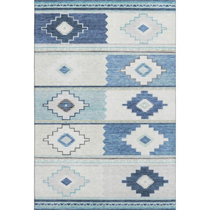 HomeRoots 10' X 14' Blue and Ivory Geometric Area Rug - Washable, UV-Protected, Durable for Busy Homes 645607