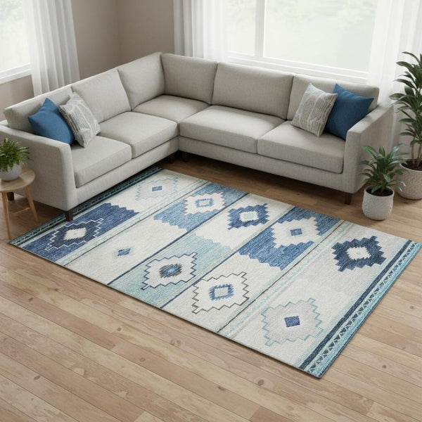 HomeRoots 10' X 14' Blue and Ivory Geometric Area Rug - Washable, UV-Protected, Durable for Busy Homes 645607