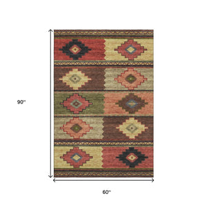 HomeRoots 5' X 8' Vibrant Rust Green & Gold Geometric Area Rug – Washable, UV Protected, Ideal for Homes 645609