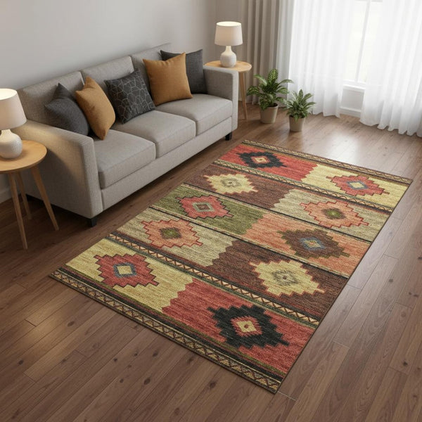 HomeRoots 5' X 8' Vibrant Rust Green & Gold Geometric Area Rug – Washable, UV Protected, Ideal for Homes 645609