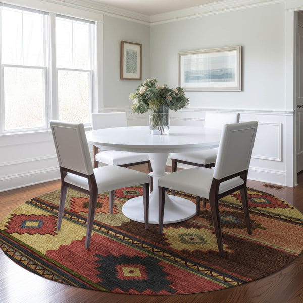 HomeRoots 8' Rust Green and Gold Geometric Round Rug - Washable, UV Protected, Perfect for High-Traffic Areas 645610