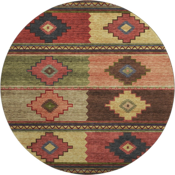 HomeRoots 8' Rust Green and Gold Geometric Round Rug - Washable, UV Protected, Perfect for High-Traffic Areas 645610