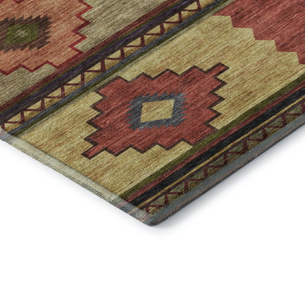 HomeRoots 8' Rust Green and Gold Geometric Round Rug - Washable, UV Protected, Perfect for High-Traffic Areas 645610