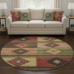 HomeRoots 8' Rust Green and Gold Geometric Round Rug - Washable, UV Protected, Perfect for High-Traffic Areas 645610