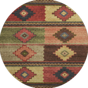 HomeRoots 8' Rust Green and Gold Geometric Round Rug - Washable, UV Protected, Perfect for High-Traffic Areas 645610
