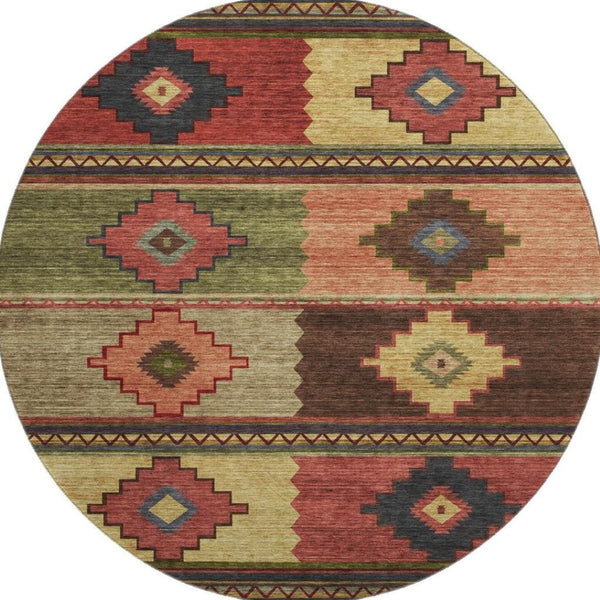 HomeRoots 8' Rust Green and Gold Geometric Round Rug - Washable, UV Protected, Perfect for High-Traffic Areas 645610