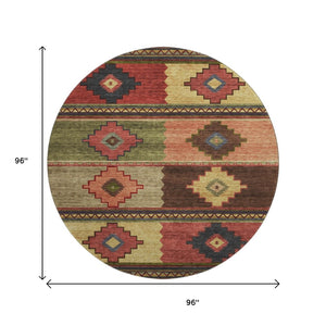 HomeRoots 8' Rust Green and Gold Geometric Round Rug - Washable, UV Protected, Perfect for High-Traffic Areas 645610