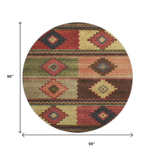 HomeRoots 8' Rust Green and Gold Geometric Round Rug - Washable, UV Protected, Perfect for High-Traffic Areas 645610