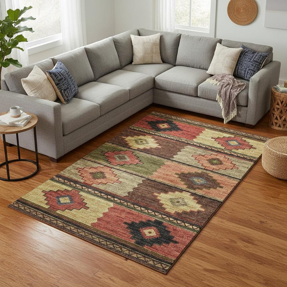HomeRoots 8' X 10' Modern Rust Green & Gold Geometric Area Rug - Washable, UV Protected, Pet Friendly Décor 645611
