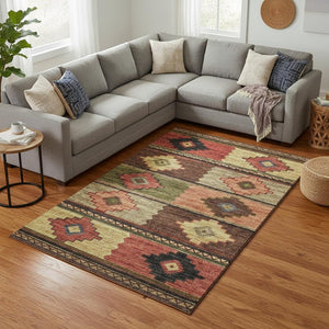 HomeRoots 8' X 10' Modern Rust Green & Gold Geometric Area Rug - Washable, UV Protected, Pet Friendly Décor 645611