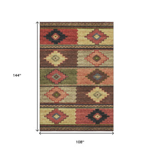 HomeRoots 9' X 12' Stylish Rust Green & Gold Geometric Area Rug - Washable, UV-Protected, Durable Design! 645612