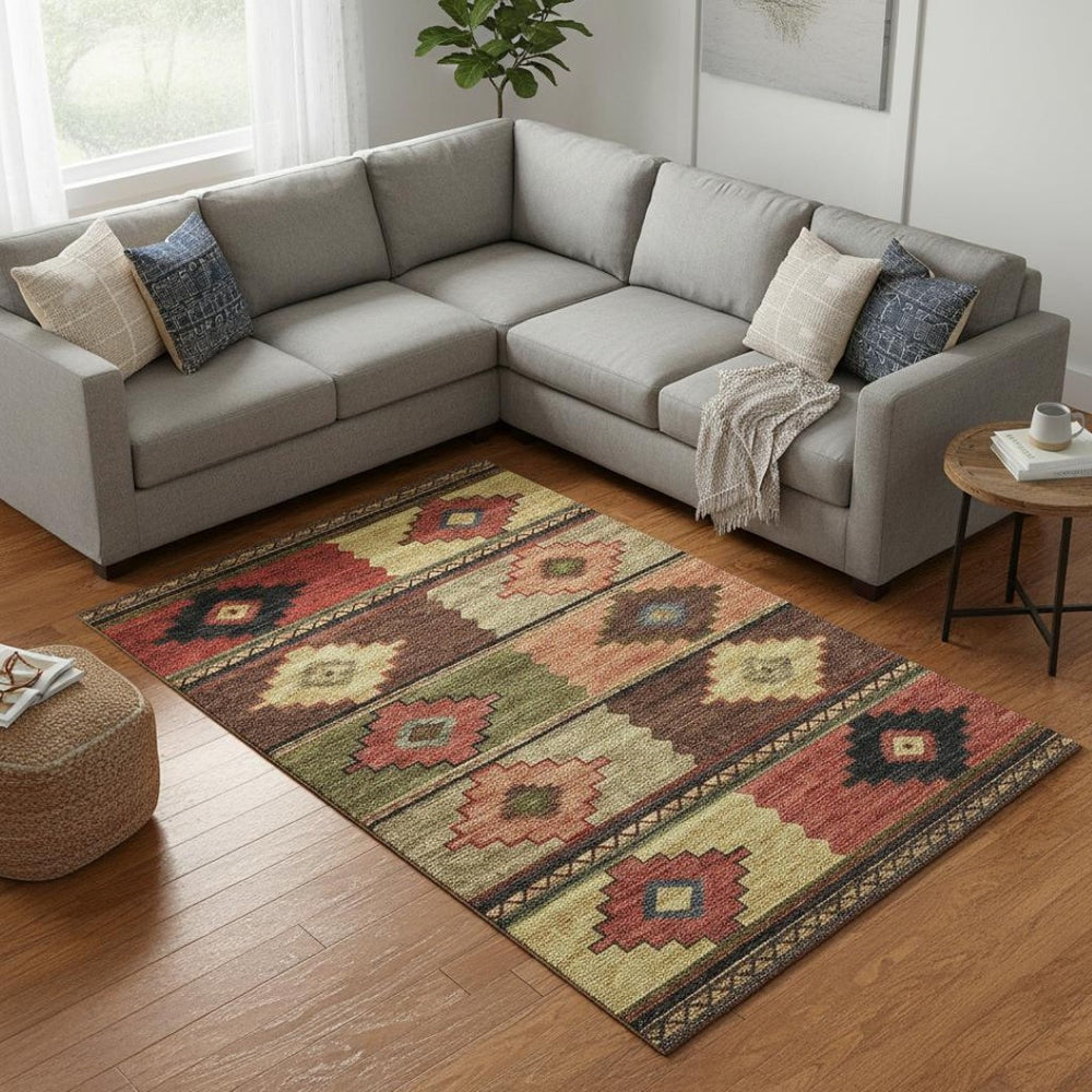HomeRoots 9' X 12' Stylish Rust Green & Gold Geometric Area Rug - Washable, UV-Protected, Durable Design! 645612