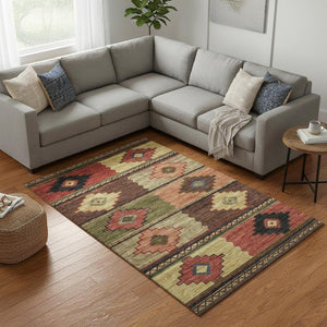 HomeRoots 9' X 12' Stylish Rust Green & Gold Geometric Area Rug - Washable, UV-Protected, Durable Design! 645612