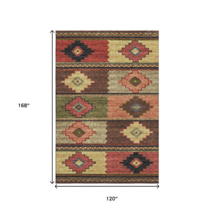 HomeRoots 10' X 14' Vibrant Rust Green & Gold Geometric Area Rug - Washable, UV Protected, Durable Design! 645613