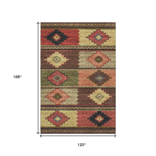 HomeRoots 10' X 14' Vibrant Rust Green & Gold Geometric Area Rug - Washable, UV Protected, Durable Design! 645613