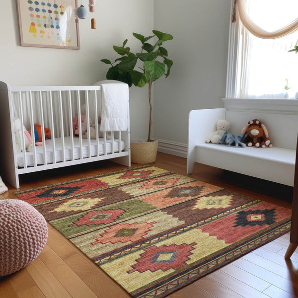 HomeRoots 10' X 14' Vibrant Rust Green & Gold Geometric Area Rug - Washable, UV Protected, Durable Design! 645613