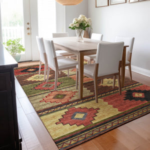 HomeRoots 10' X 14' Vibrant Rust Green & Gold Geometric Area Rug - Washable, UV Protected, Durable Design! 645613