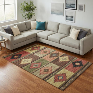 HomeRoots 10' X 14' Vibrant Rust Green & Gold Geometric Area Rug - Washable, UV Protected, Durable Design! 645613