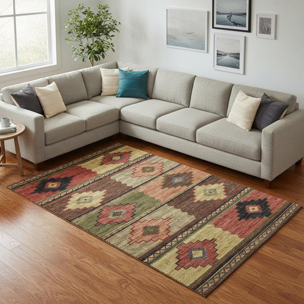 HomeRoots 10' X 14' Vibrant Rust Green & Gold Geometric Area Rug - Washable, UV Protected, Durable Design! 645613