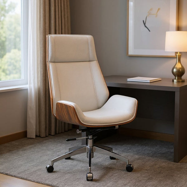 HomeRoots White Rosewood Executive Chair - Adjustable Height Swivel Rolling Design with Genuine Leather Comfort 645615