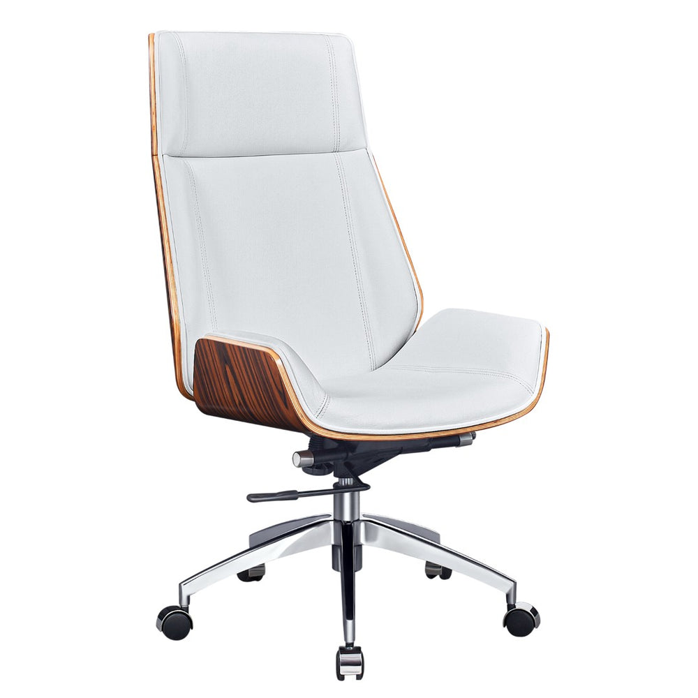 HomeRoots White Rosewood Executive Chair - Adjustable Height Swivel Rolling Design with Genuine Leather Comfort 645615