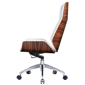 HomeRoots White Rosewood Executive Chair - Adjustable Height Swivel Rolling Design with Genuine Leather Comfort 645615