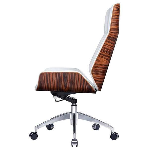 HomeRoots White Rosewood Executive Chair - Adjustable Height Swivel Rolling Design with Genuine Leather Comfort 645615