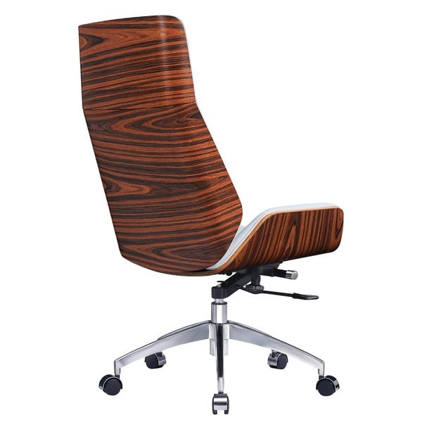 HomeRoots White Rosewood Executive Chair - Adjustable Height Swivel Rolling Design with Genuine Leather Comfort 645615