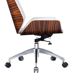 HomeRoots White Rosewood Executive Chair - Adjustable Height Swivel Rolling Design with Genuine Leather Comfort 645615
