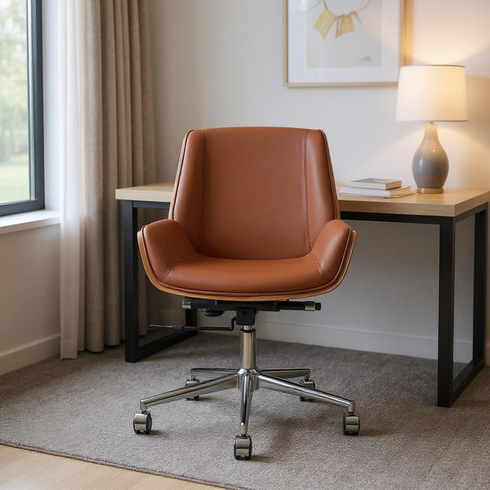 HomeRoots Brown Rosewood Conference Chair with Swivel, Height Adjustment & Leather - Stylish Office Comfort 645616