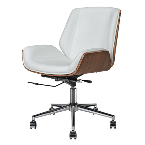 HomeRoots White Adjustable Height Swivel Rolling Conference Chair - Modern Style with Walnut & Silver Accents 645618
