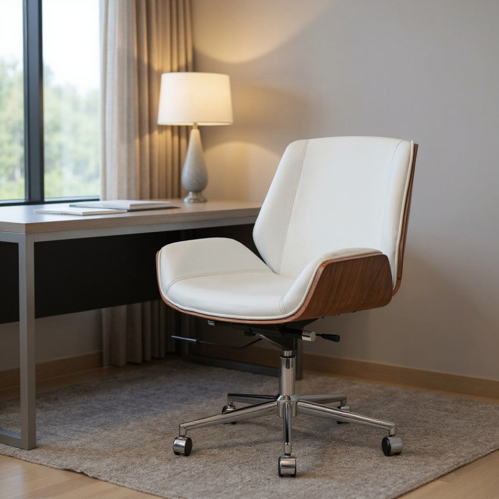 HomeRoots White Adjustable Height Swivel Rolling Conference Chair - Modern Style with Walnut & Silver Accents 645618