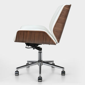 HomeRoots White Adjustable Height Swivel Rolling Conference Chair - Modern Style with Walnut & Silver Accents 645618